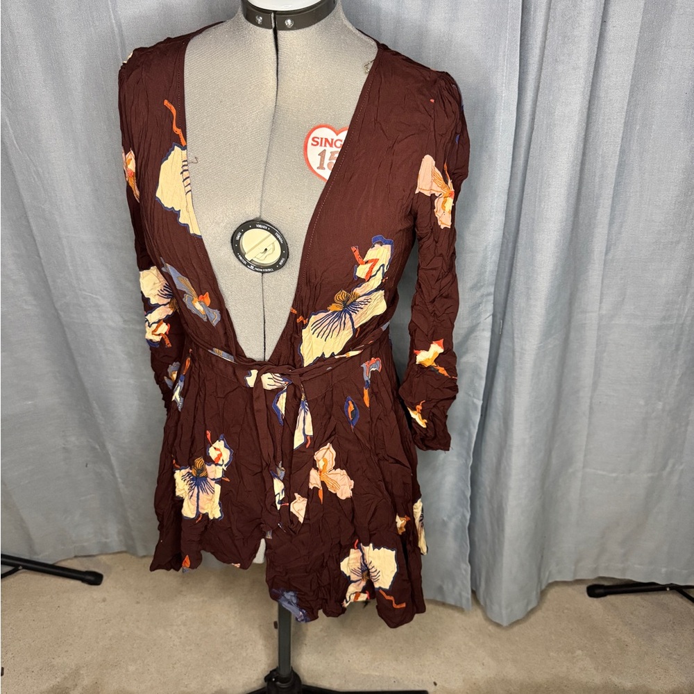 Ecote Brown and Blue Patterned wrap dress